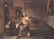Pieter de Hooch A guardroom interior with an officer smiling and making a toast,together with a flute-player and other soldiers oil painting reproduction